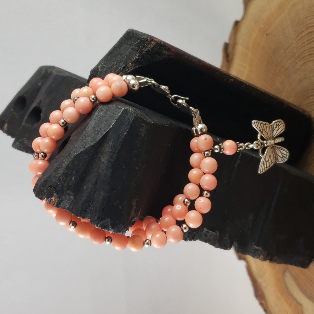 KGO Triple Row Coral & Butterfly Sterling Weight Drop Bracelet